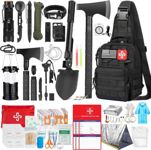 The survival gear and supplies are packed in a crossbody bag, making it easy to carry and access in emergencies. The bag features multiple compartments and molle compatible straps and D-rings, allowing you to attach extra pouches or survival tools.