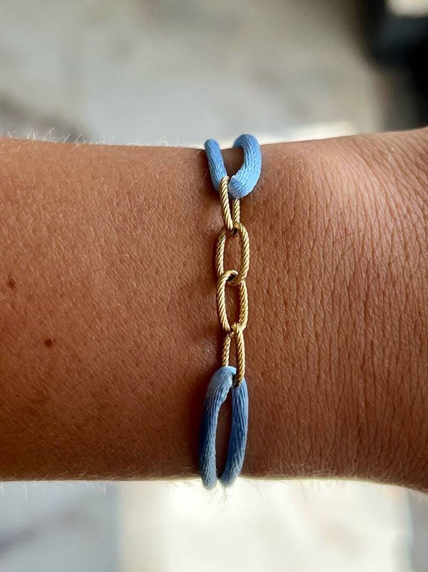 Satijnkoord armband blauw met schakel