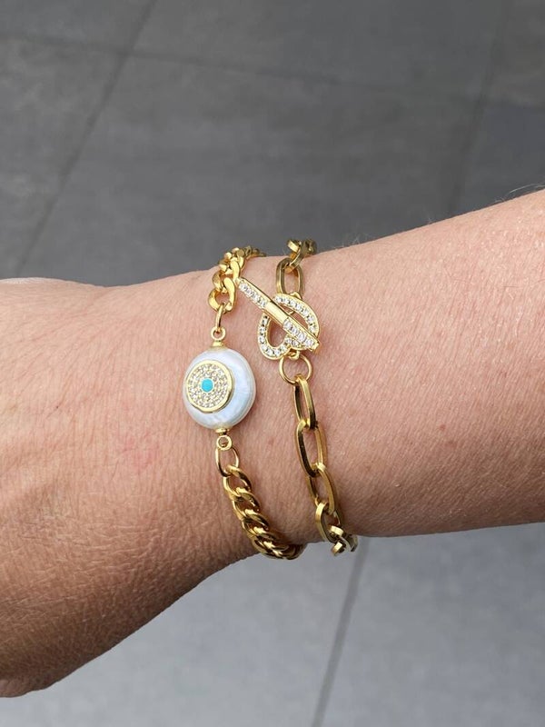 Stainless steel armband met zoetwaterparel tussenstuk