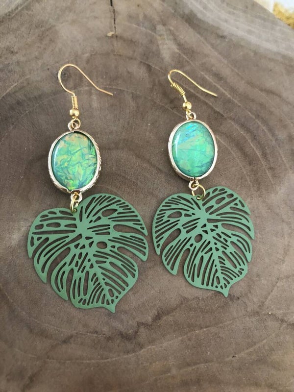 Monstera earrings green leaf