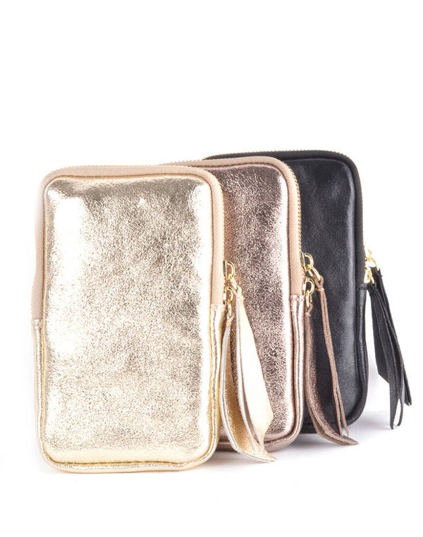 Telefoon tasje metallic leer.