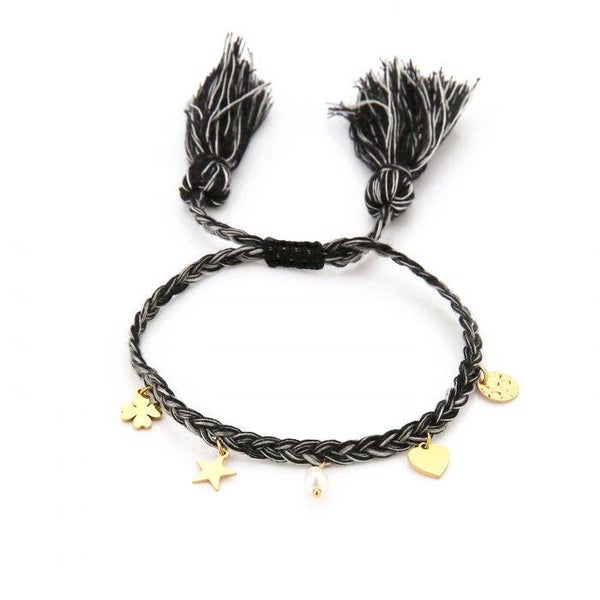 Gevlochten armband met tassel zwart