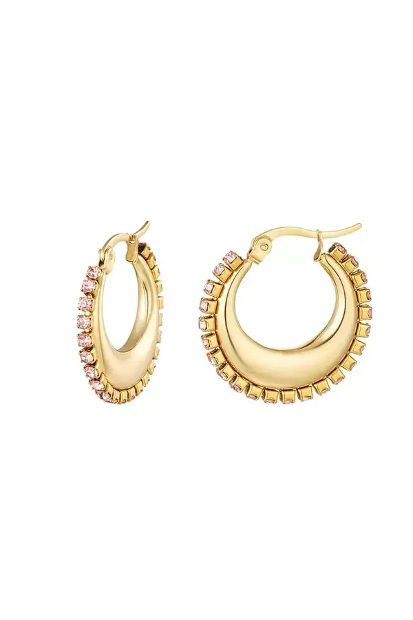 Ronde oorbellen lichtroze steentjes goud