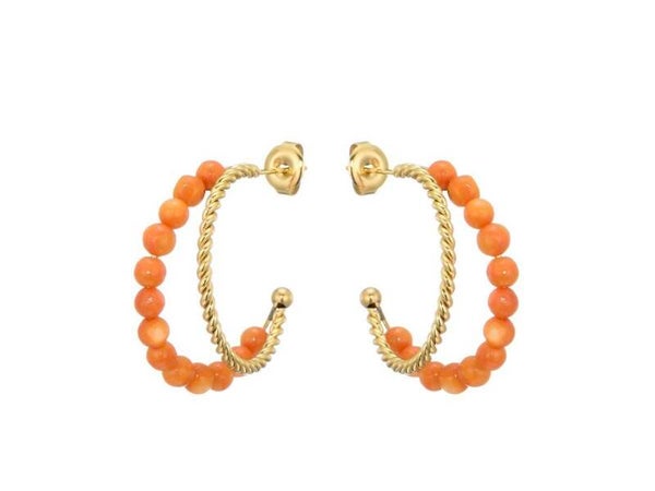 Orange pearls gold earrings