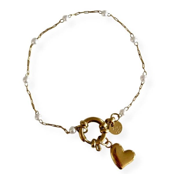 Heart pearls armband goud - stainless steel