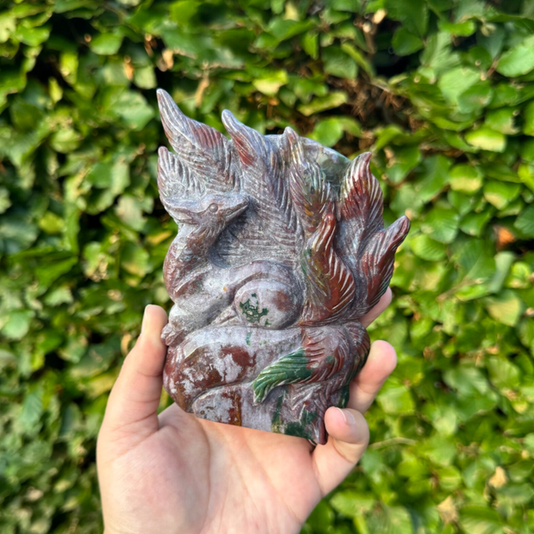 Oceaan Jaspis Nine Tail Fox Carving - handgeslepen