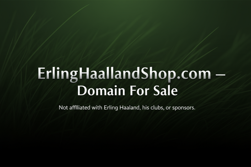 ErlingHaalandShop.com domain for sale banner – green football-themed background with disclaimer not affiliated with Erling Haaland or his clubs.