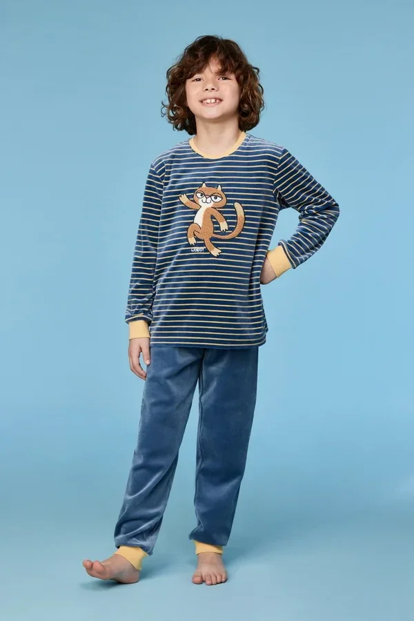 pyjama jongens/heren velours - antraciet/geel gestreept - kat -12 jaar
