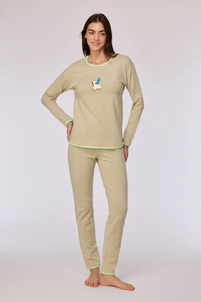 Groen-beige gestreepte pyjama in katoen, smal