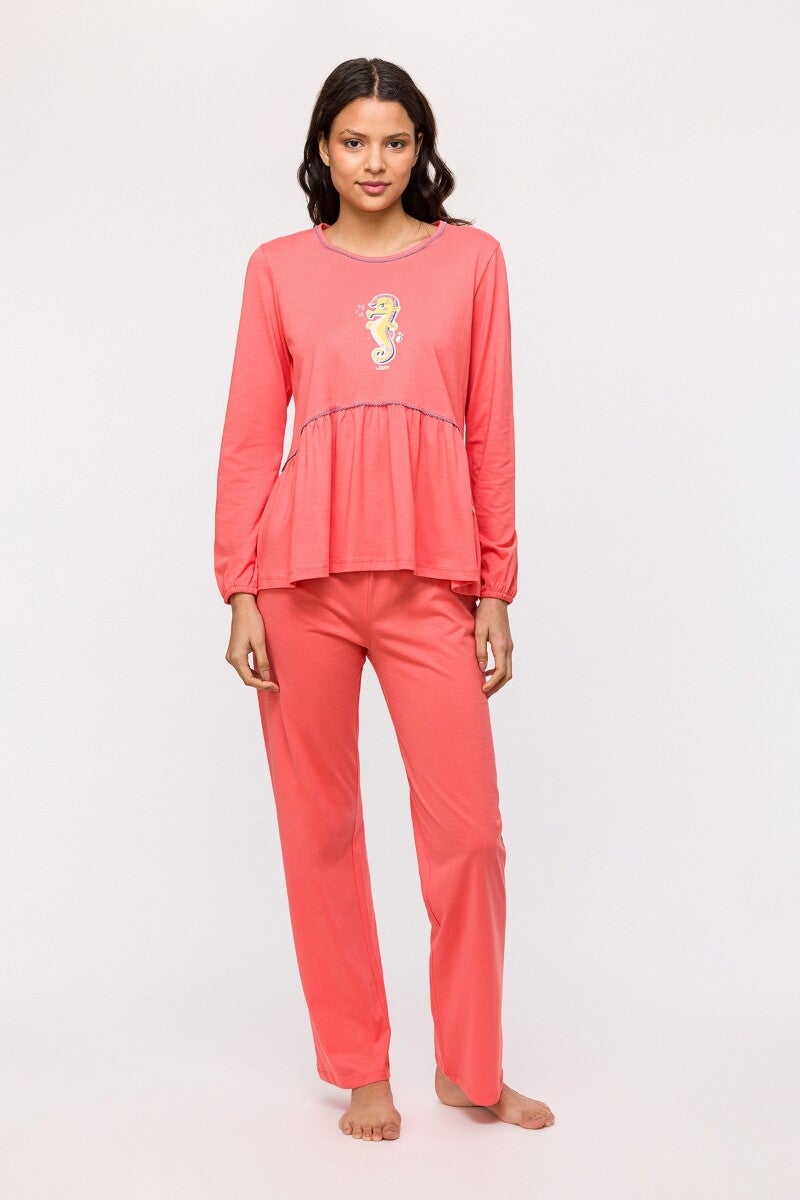 leuke pyjama, koraalrood, thema het zeepaardje, medium