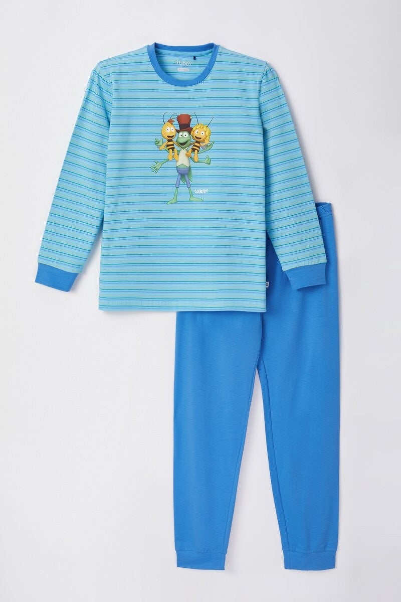 Woody pyjama jongens, blauw fijn gestreept - Maya de Bij, smal