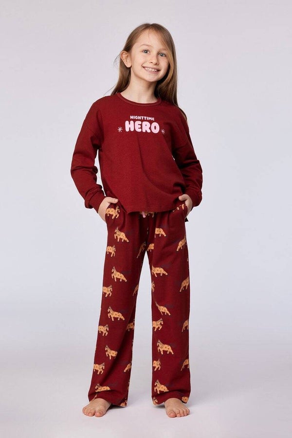 Meisjespyjama - donkerrood - 'nighttime hero' -  16 jaar