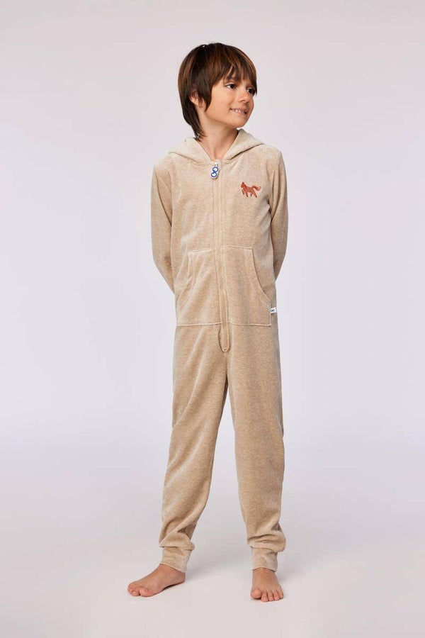Onesie unisex velours - beige - pony - 12 jaar