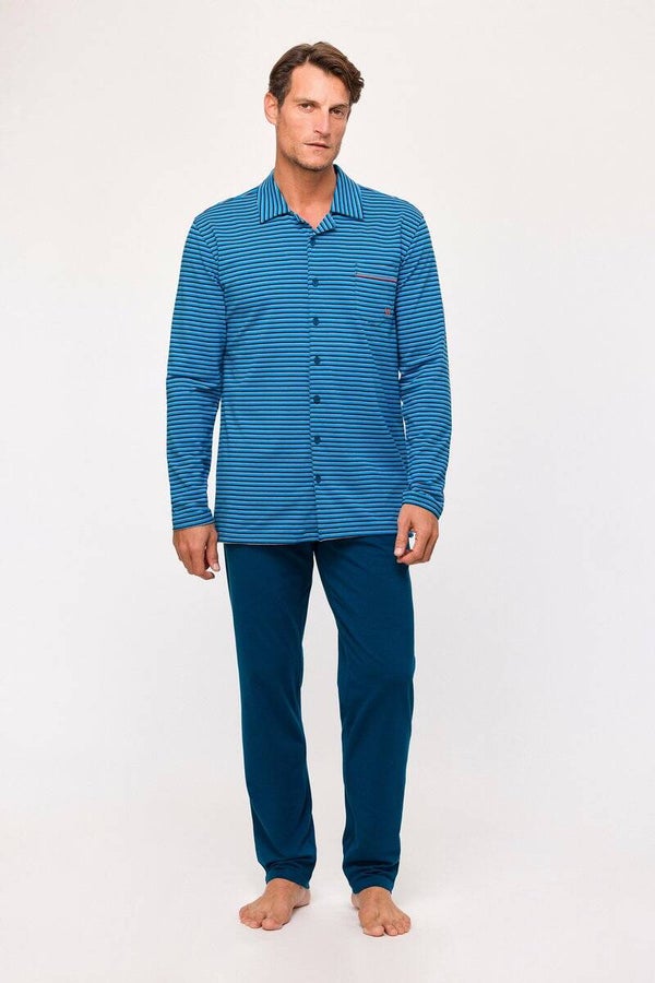 pyjama heren doorknoop - blauw gestreept  - X-large