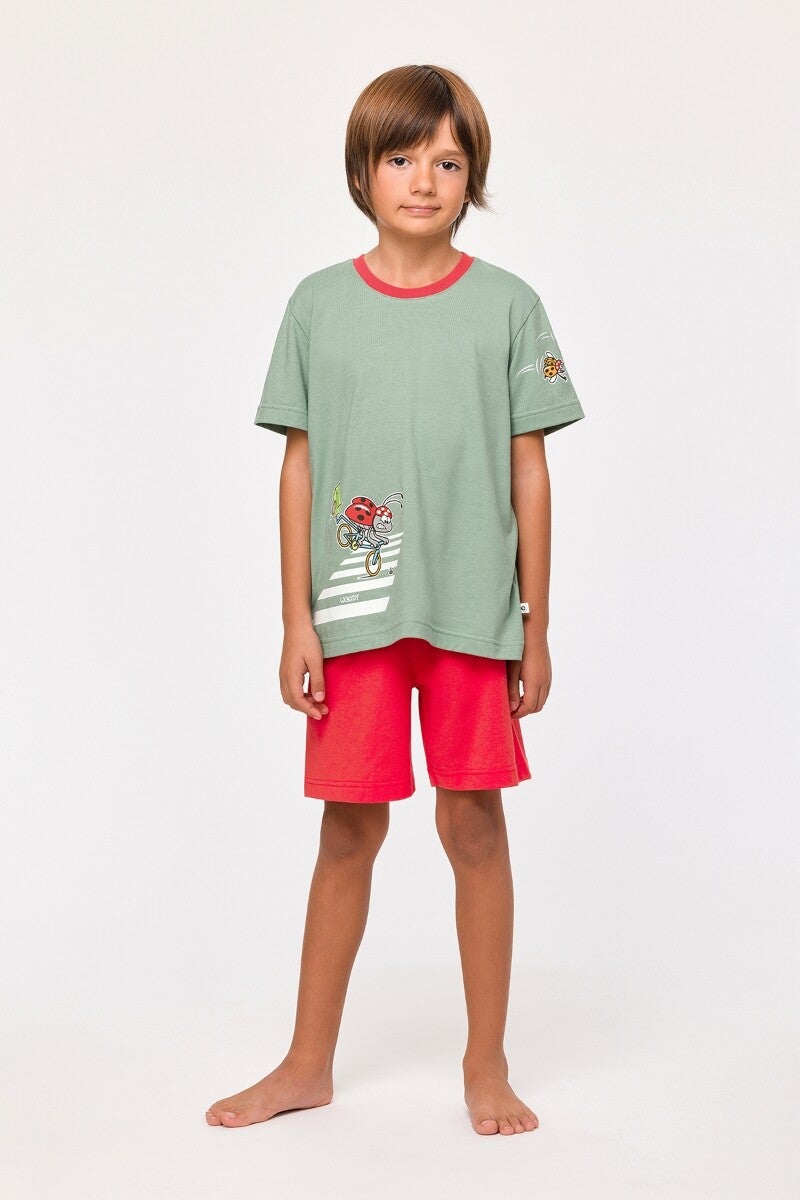 Jongens-Heren Pyjama groen, lieveheersbeestje, 6 jaar