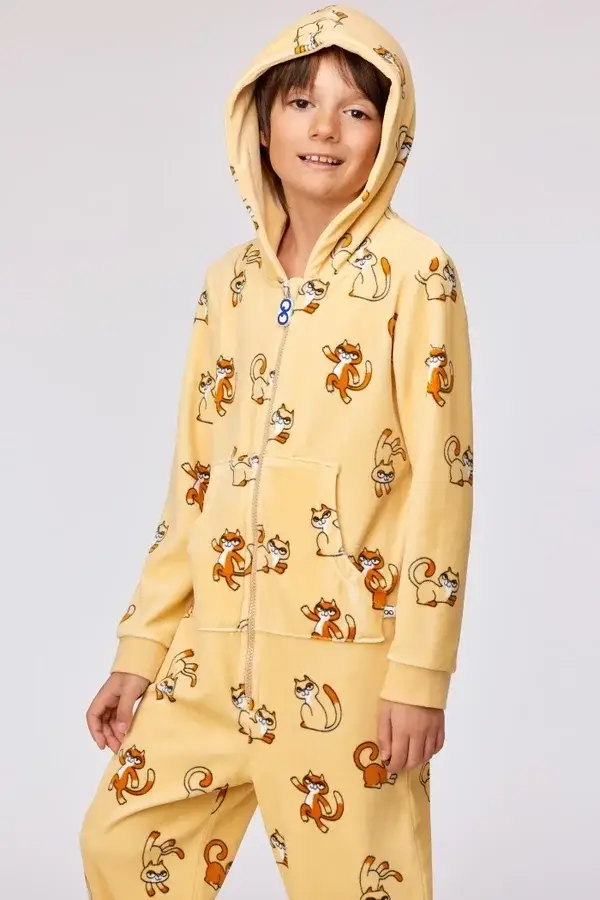 Gele onesie met kattenprint in velours, 16 jaar