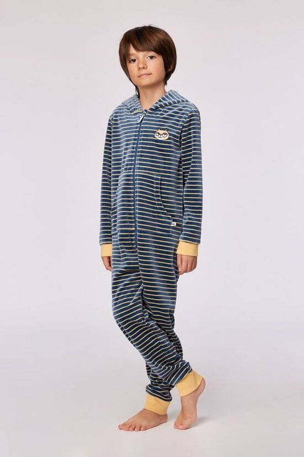 onesie velours unisex - antraciet-geel gestreept - kat - 16 jaar