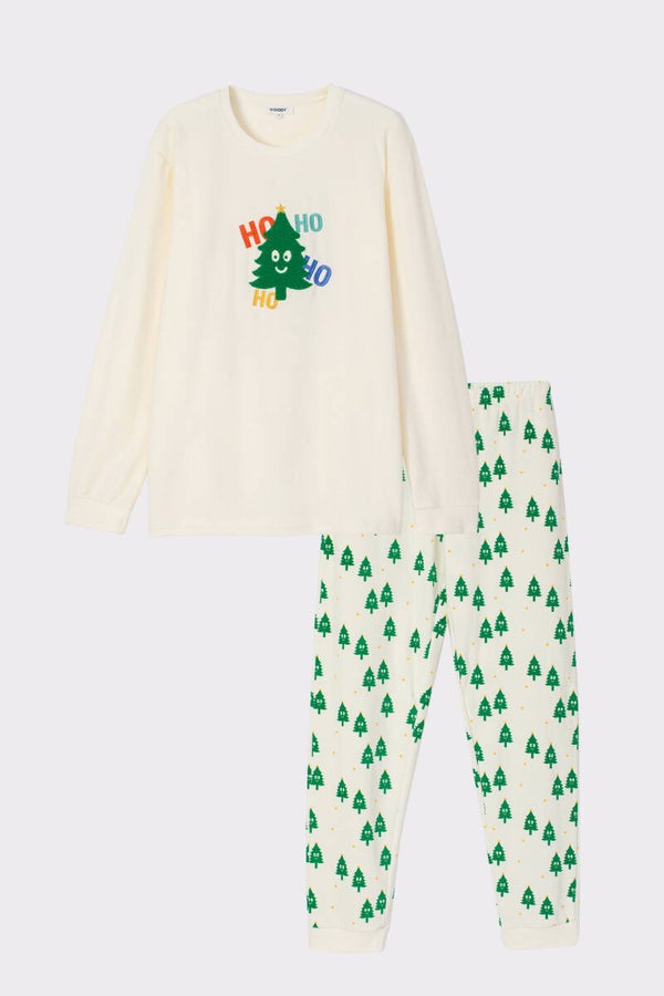 Woody pyjama unisex velours - gebroken wit - kerstboom -  12 jaar
