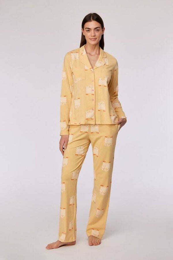 Pyjama dames/meisjes doorknoop - geel - kat all-overprint -  smal