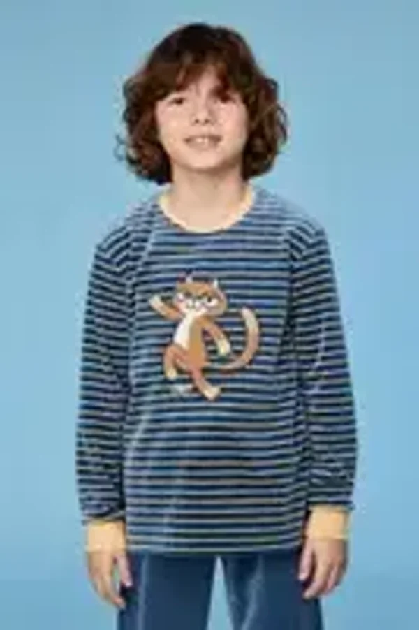 pyjama jongens/heren velours - antraciet/geel gestreept - kat -14 jaar