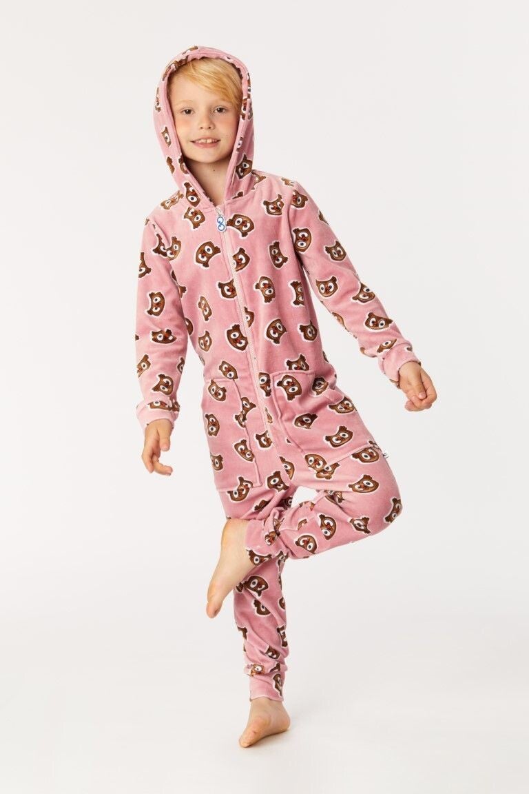 onesie, oudroze met uil allover print, medium