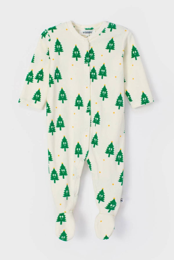 Kerstrompertje in fleece met een allover print van kerstbomen, 9 maand