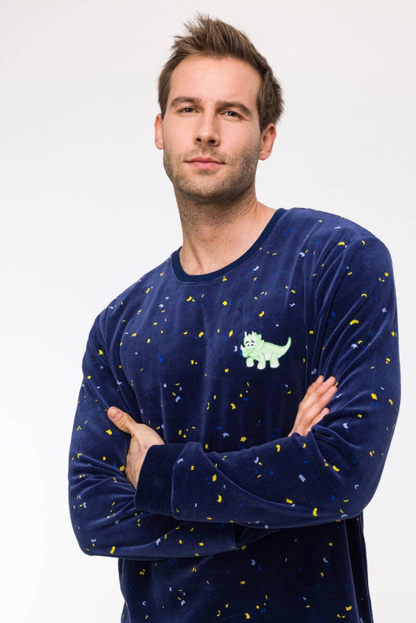 Herenpyjama Donkerblauwe velours, thema dino's, large