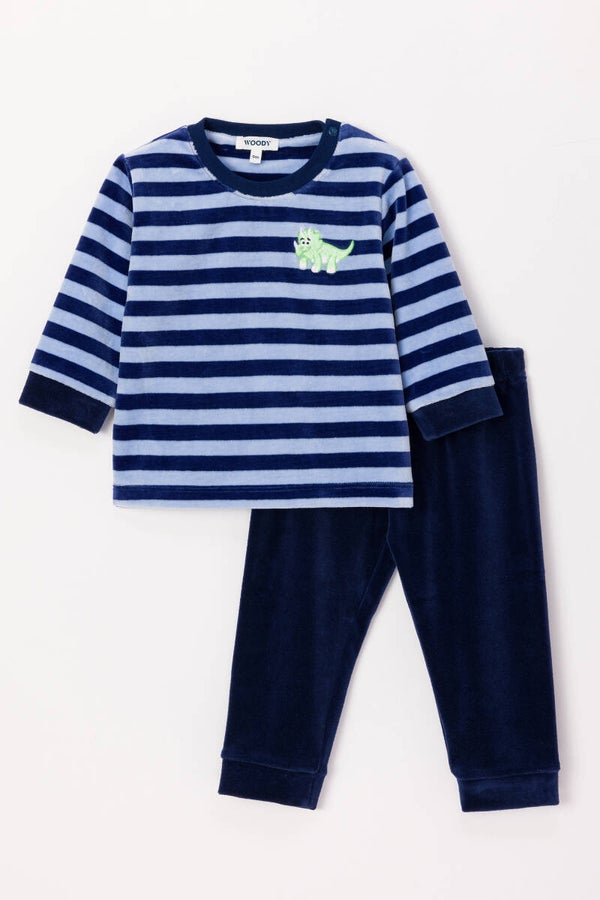 Pyjama jongens, velours - blauw gestreept, thema dino, 3 maand