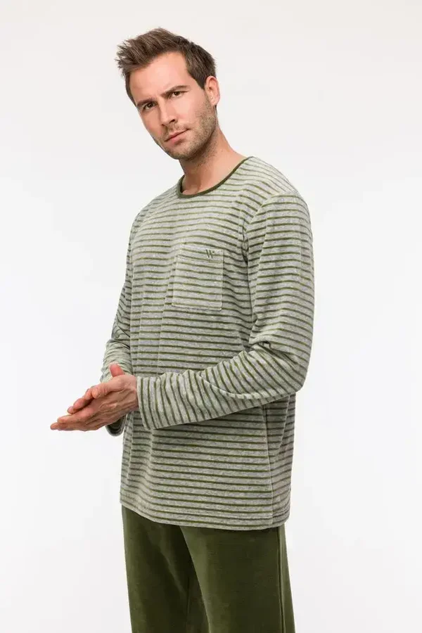 Heren Fleece Pyjama groen-grijze streep - medium
