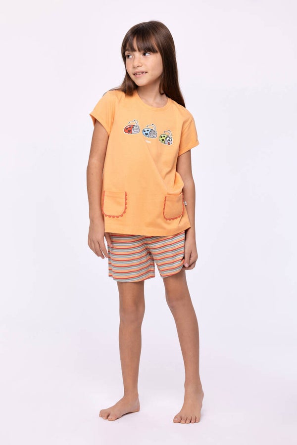 Meisjes-Dames Pyjama oranje, thema lieveheersbeestjes, 10 jaar