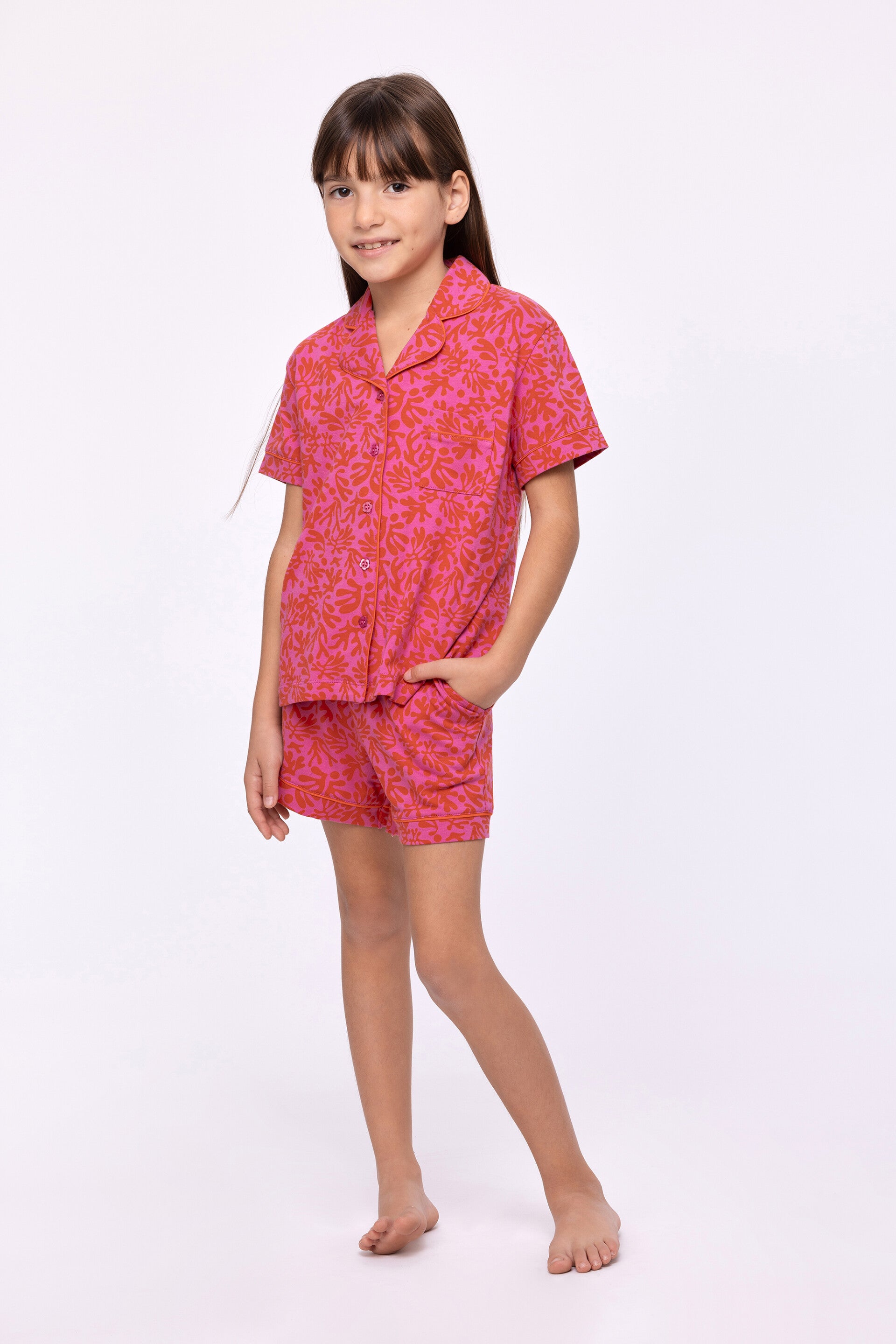 Meisjes-Dames Pyjama rode koraal print, 6 jaar