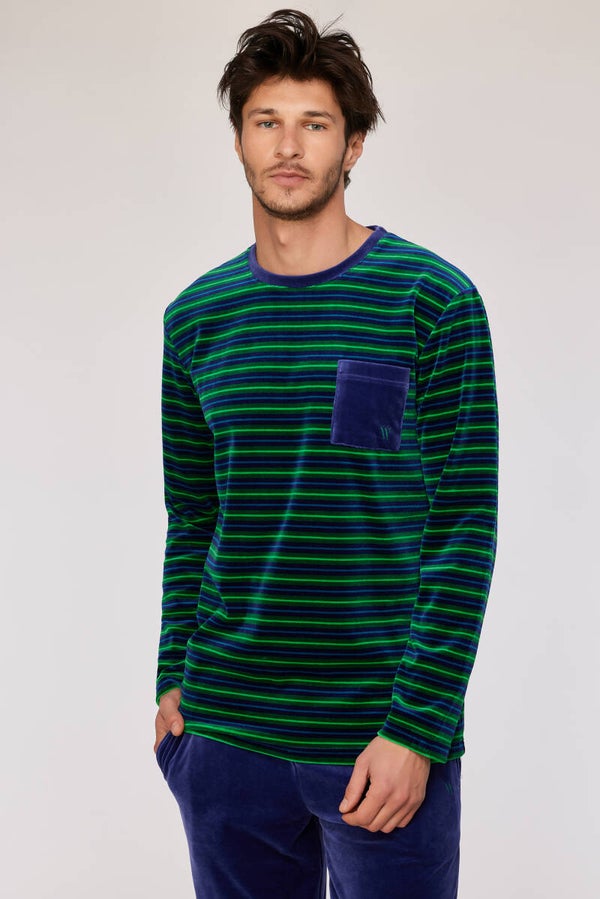 Groen gestreepte pyjama in velours, X-large