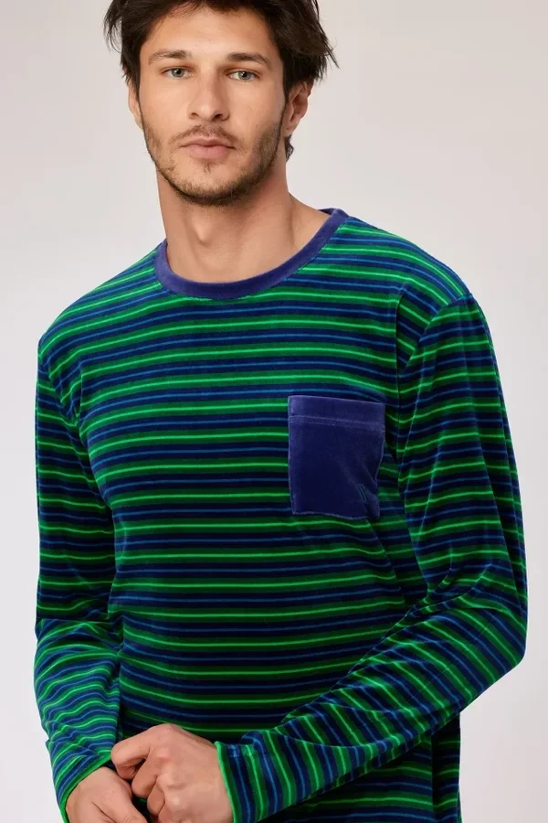 Groen gestreepte pyjama in velours, X-large