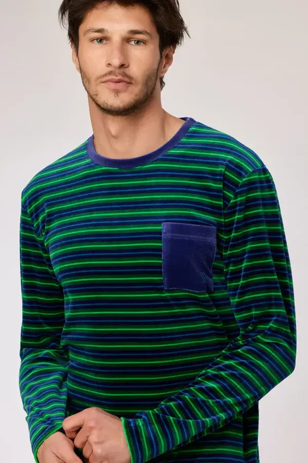 Groen gestreepte pyjama in velours, X-large