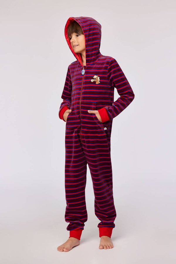 Rood gestreepte onesie in velours, 12 jaar
