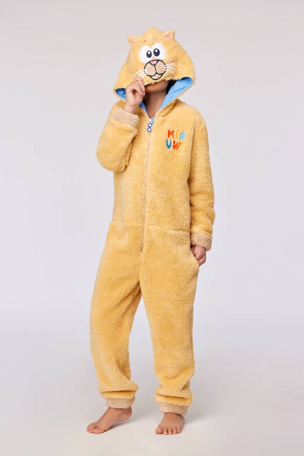 Gele kat onesie in superzachte teddystof