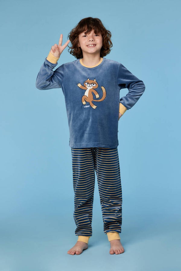 Blauwgrijze pyjama in velours met gestreepte broek en kat