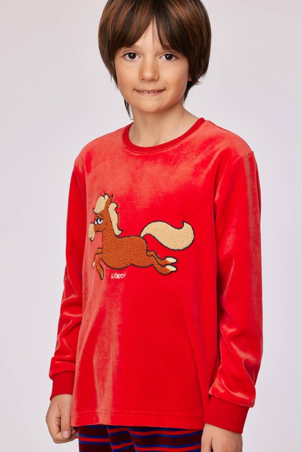 Rode pyjama in velours met gestreepte broek en pony