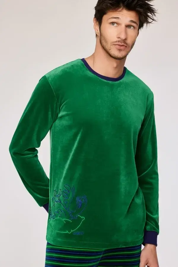 Donkergroene pyjama in velours met gestreepte broek, X-large