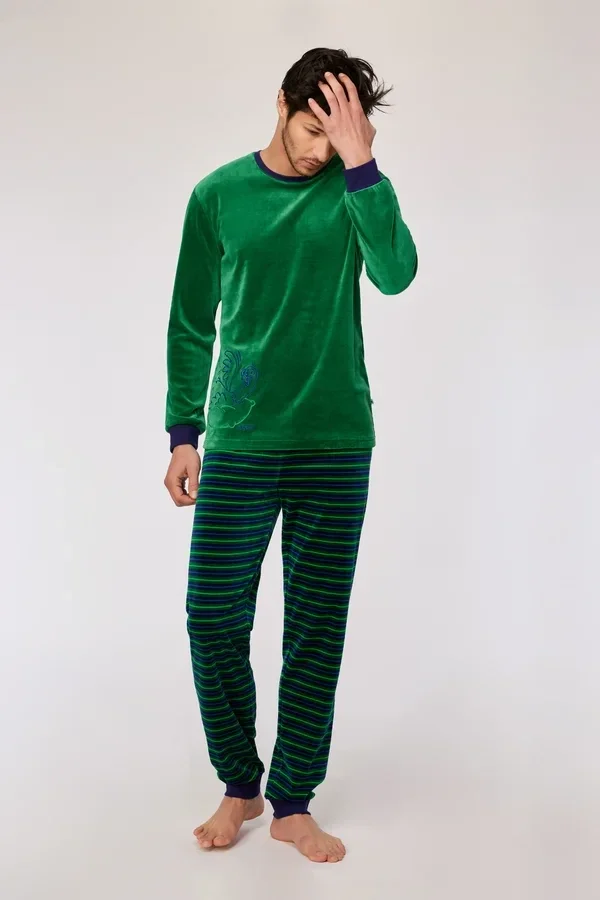 Donkergroene pyjama in velours met gestreepte broek, medium