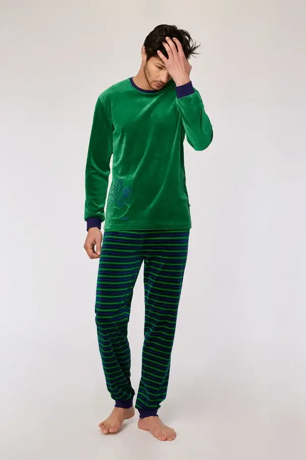 Donkergroene pyjama in velours met gestreepte broek, medium