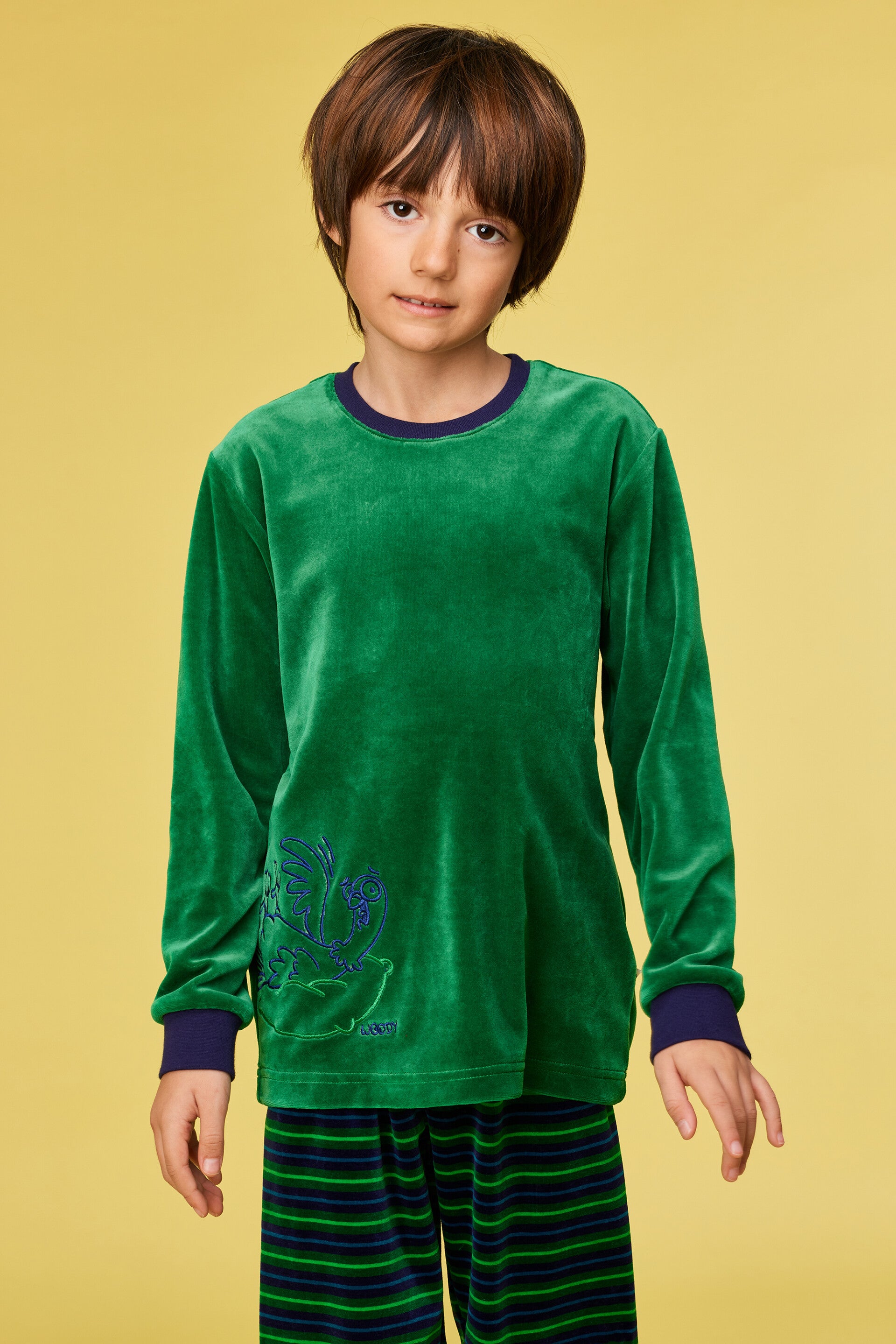 Donkergroene pyjama in velours met gestreepte broek, 14 jaar