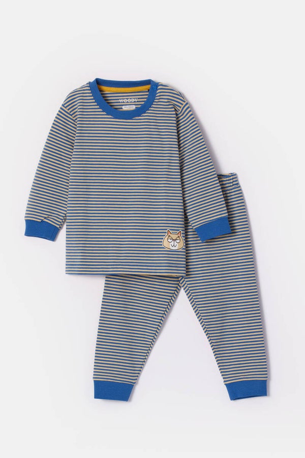 Blauw-geel gestreepte jongens pyjama in katoen, 18 maand