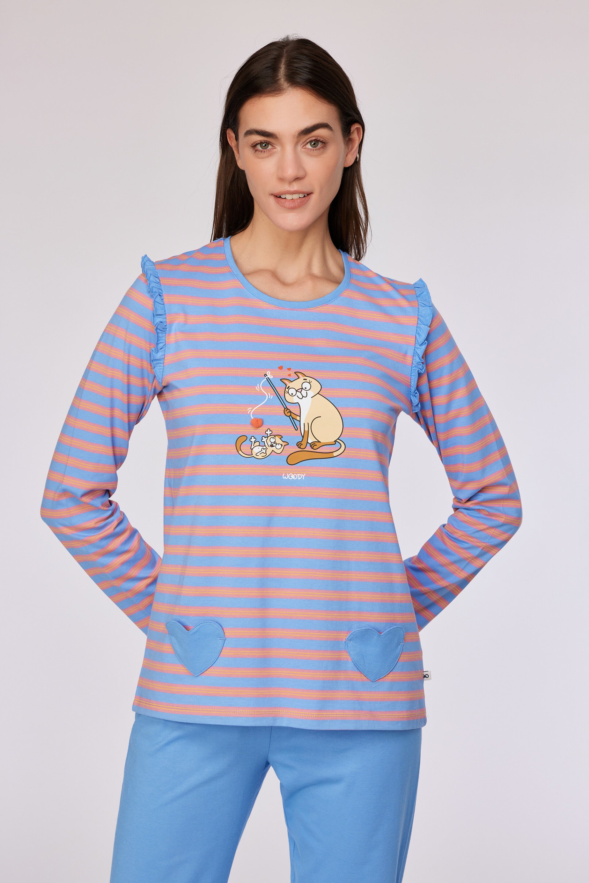 Blauw-roze gestreepte meisjes pyjama in katoen, smal