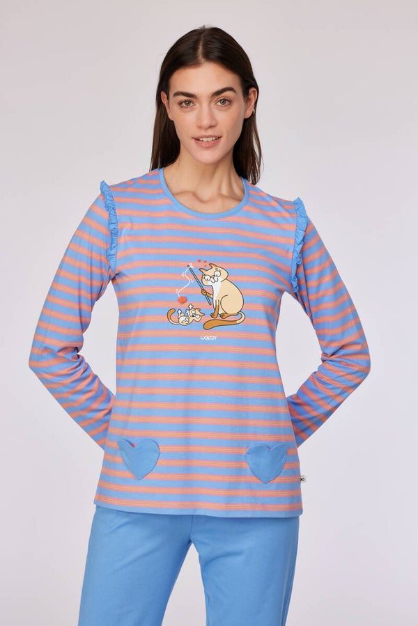 Blauw-roze gestreepte meisjes pyjama in katoen, X-large