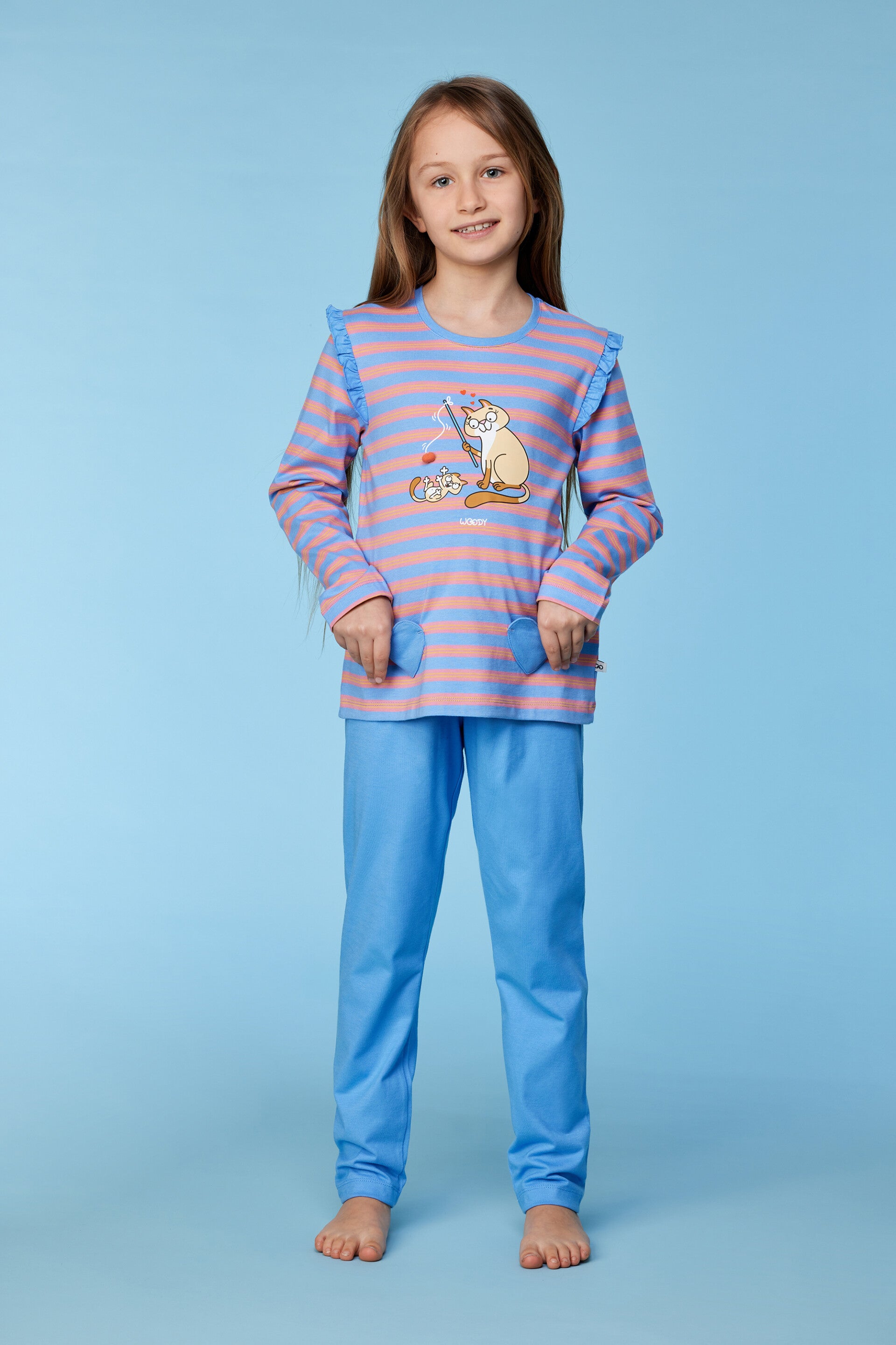 Blauw-roze gestreepte meisjes pyjama in katoen, 12 jaar
