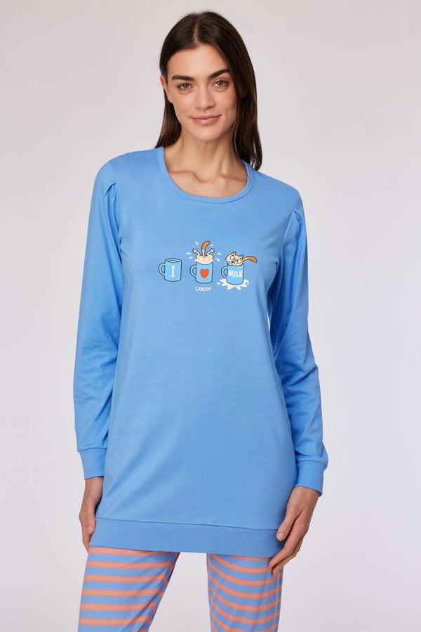 Blauwe pyjama met gestreepte roze broek in katoen, medium