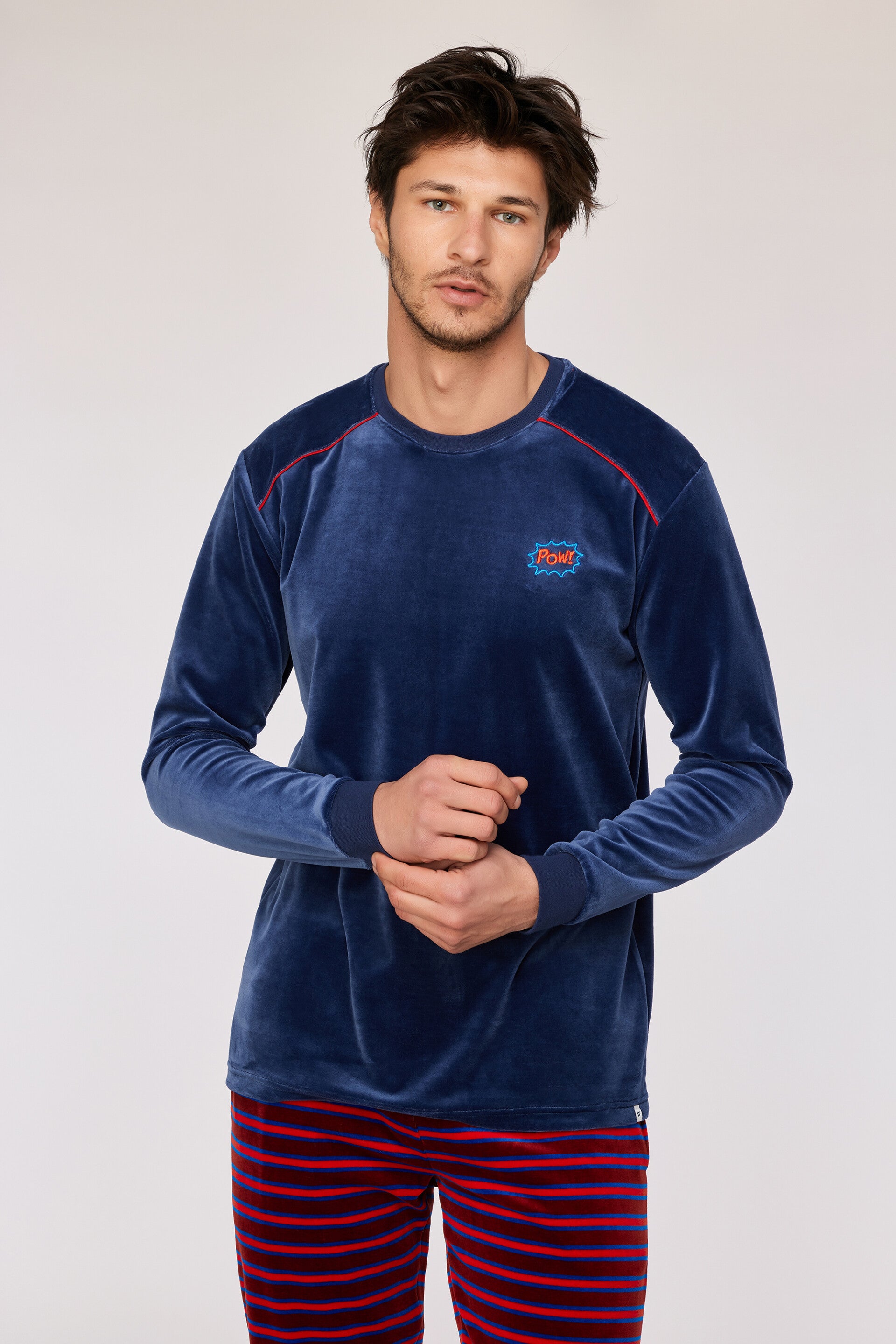 pyjama heren velours - donkerblauw/rood - medium