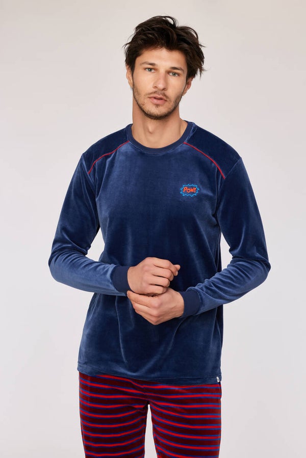 pyjama heren velours - donkerblauw/rood - medium