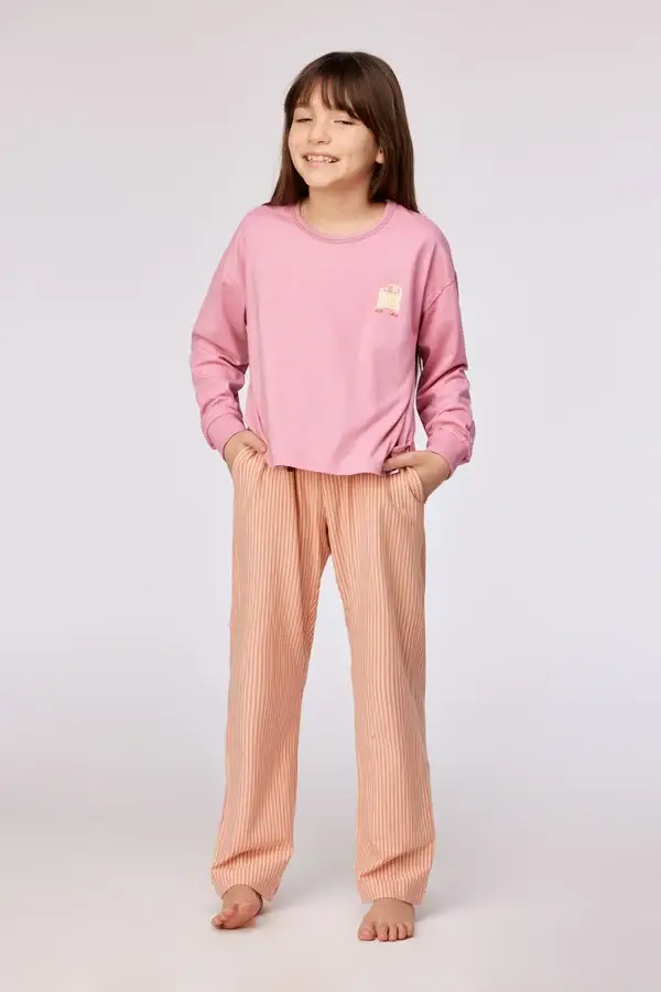 Roze pyjama met sweater en gestreepte broek in rekbaar katoen, 14 jaar